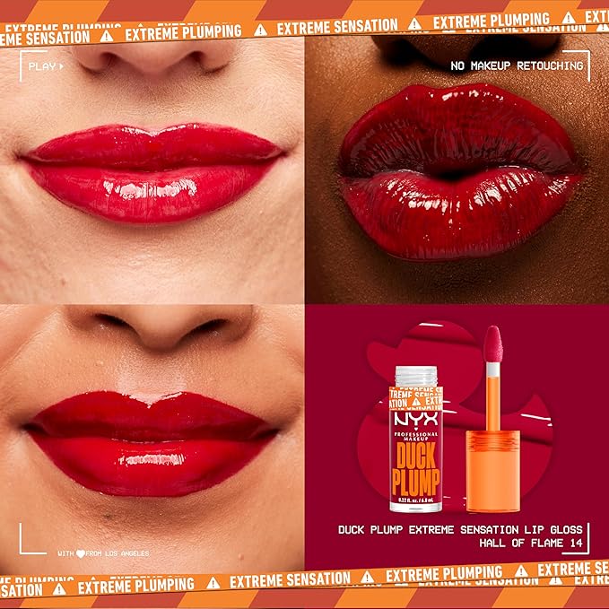 NYX PROFESSIONAL MAKEUP Duck Plump High Pigment Plumping Lip Gloss with Spicy Ginger, Vegan Lip Makeup - Hall Of Flame (True Red)