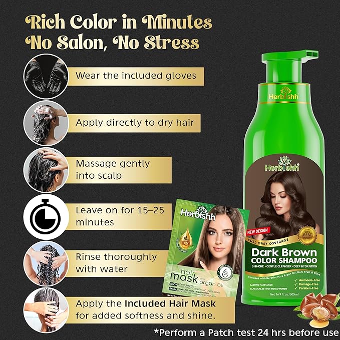 Herbishh Hair Color Shampoo for Gray Hair, Dark Brown, 500ml with Color Stain Remover Wipes, Ammonia Free