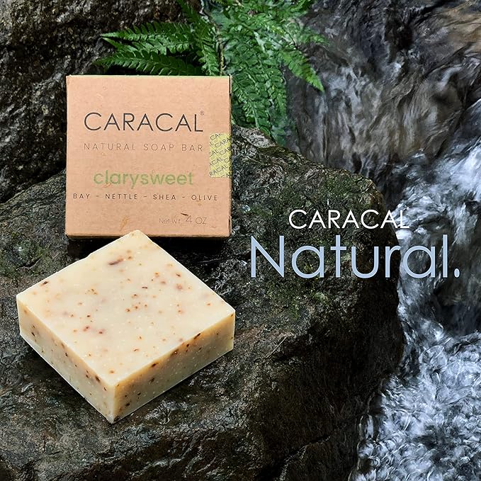 CARACAL Clarysweet Vegan Herbal Natural Soap Bar for Men Women (3-Pack) Strong Woodsy Bay Laurel, Clary Sage, Nettle, Olive, Castor Oils & Shea Butter