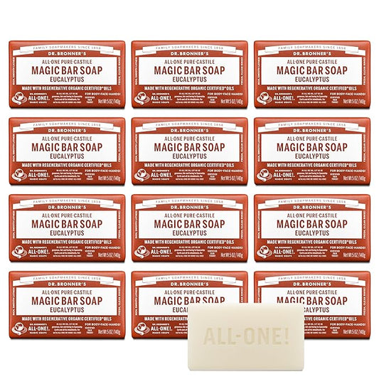 Dr. Bronner's Pure-Castile Magic Bar Soaps (Eucalyptus, 5oz, 12-Pack) – Made with RegeOrganic Oils, Soap Bars for Men & Women, Gentle for Face & Sensitive Skin, Vegan, Cruelty-Free, Non-GMO