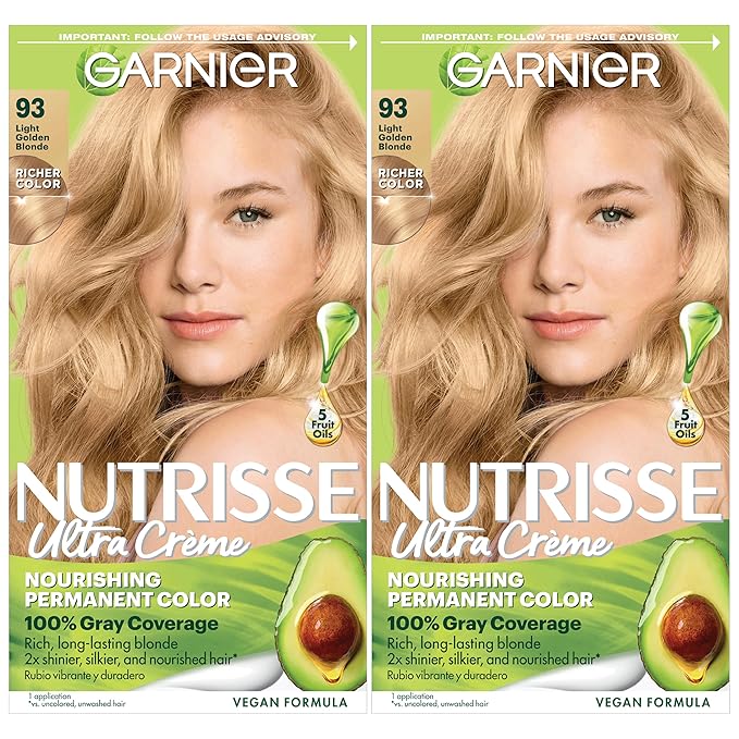 Garnier Nutrisse Ultra Crème Hair Color, Permanent Hair Dye with 100% Gray Coverage, Vegan & Cruelty-Free, 93 Light Golden Blonde (Honey Butter), 2 Count