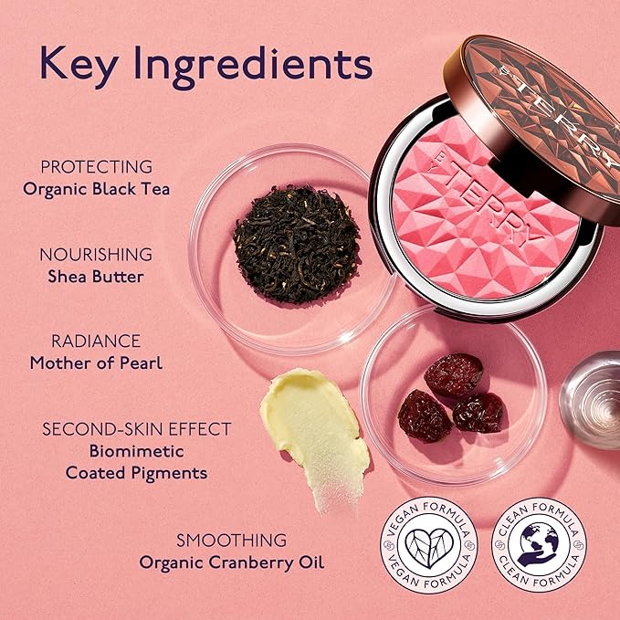 By Terry Tea To Tan Blush Powder - Organic Black Tea and Shea Butter Infused Blush for Cheeks - Vegan Skincare Face Makeup - N3 Pink Passion - 0.24 oz