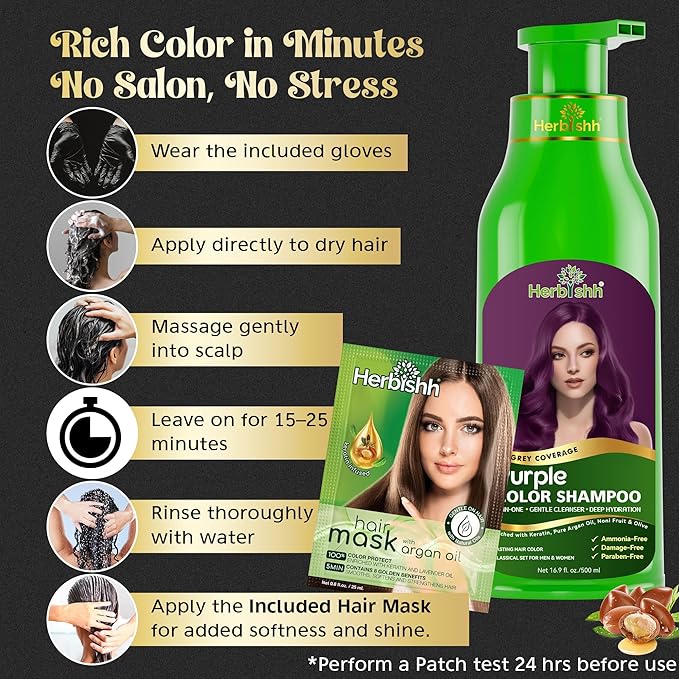 Herbishh Magic Hair Dye Shampoo – Colors Gray Hair in Minutes – Long Lasting – 500 Ml – 3-In-1 Ammonia-Free Color Treatment (Purple)