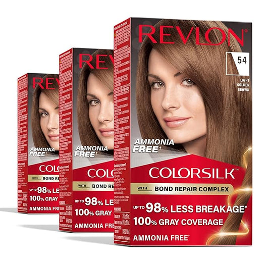 Revlon ColorSilk with Bond Repair Complex, Brown Permanent Hair Color, 100% Gray Coverage, Ammonia Free Hair Dye, Vegan Keratin, 54 Light Golden Brown (Pack of 3)