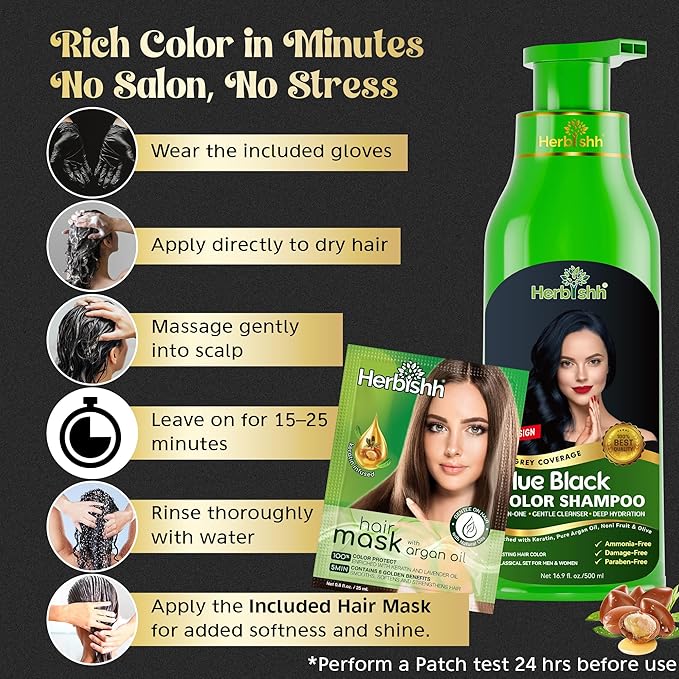 Herbishh Hair Color Shampoo - Magic Long-Lasting Hair Dye for Gray Hair Coloring in Minutes - 500 Ml - 3-In-1 Ammonia-Free Formula (Blue Black)