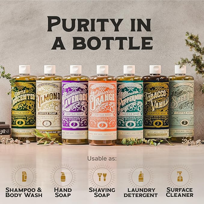 Unscented Liquid Castile Soap – Vegan Organic Soap & Body Wash, High Olive Oil Content, Non-Drying Formula, Great for Sensitive Skin by Carolina Castile, EWG Verified (Unscented, 1 Gallon)