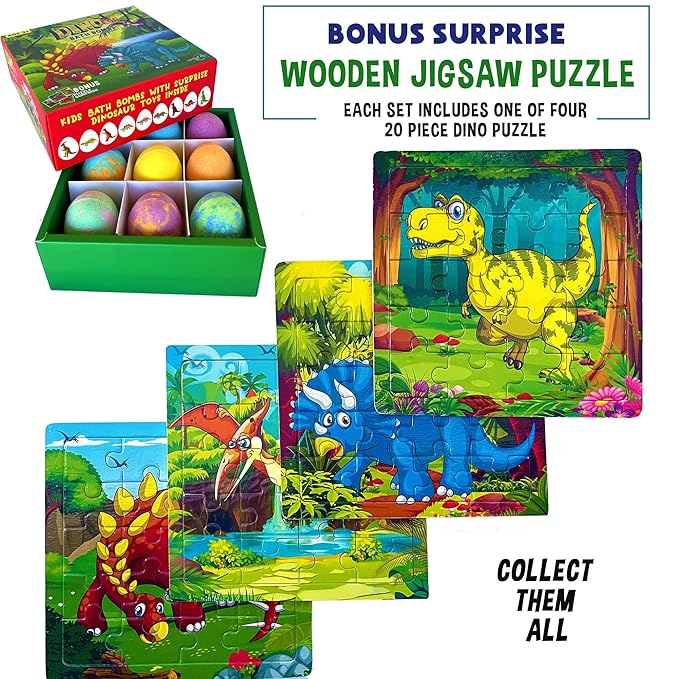 Bath Bombs for Kids with Surprise Toys Inside Plus Dinosaur Puzzle, Set of 9 Organic Dino Egg Bath Bombs, Gentle and Kids Safe, Fizzy Balls with Rich Bubbles, Easter Basket Essentials for Boys, Girls