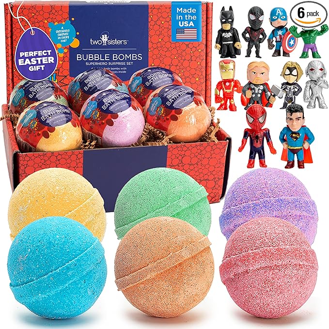 Superhero Bath Bombs for Kids with Surprise Toys Inside (6 Pack) - Large Bubble Bomb Fizzies for Boys, Girls, & Toddlers - Boys Easter Basket Stuffers, Fruity Scents, Made in USA by Two Sisters