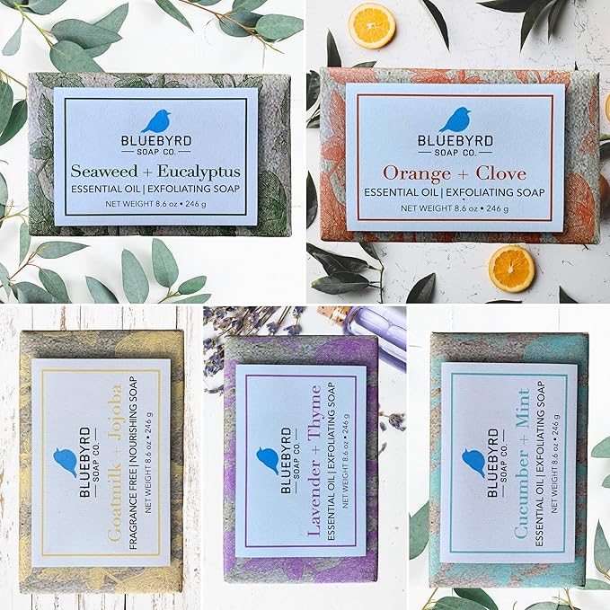 BLUEBYRD Soap Co. 5-Pack Variety Set Exfoliating Essential Oil Soap Bars | 100% Vegan Natural Bar Soap Gift | Cucumber Mint, Goat Milk Jojoba Oil, Lavender Thyme, Orange Clove, Seaweed Eucalyptus(SET)