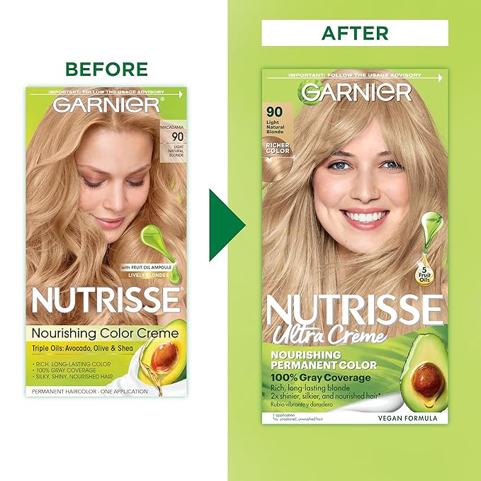 Garnier Nutrisse Ultra Crème Hair Color, Permanent Hair Dye with 100% Gray Coverage, Vegan & Cruelty-Free, 90 Light Natural Blonde (Macadamia), 2 Count