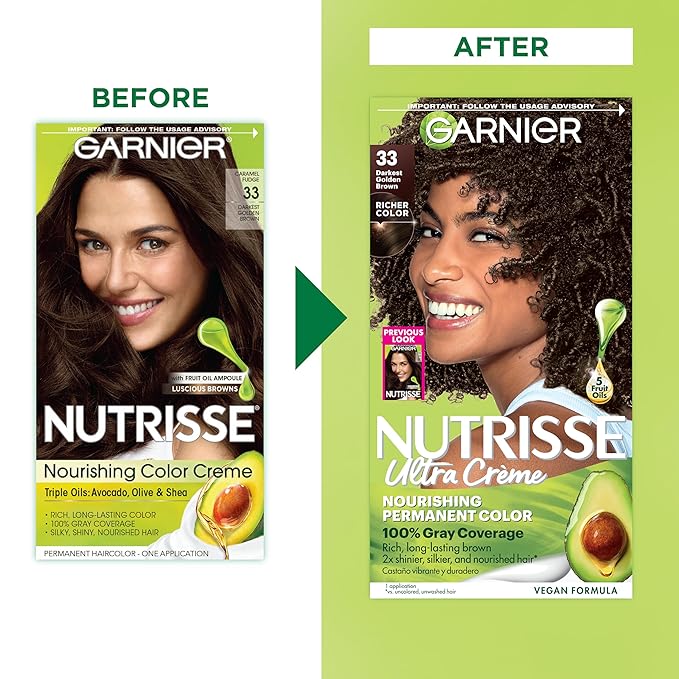Garnier Nutrisse Ultra Crème Hair Color, Permanent Hair Dye with 100% Gray Coverage, Vegan & Cruelty-Free, 33 Darkest Golden Brown (Caramel Fudge), 1 Count