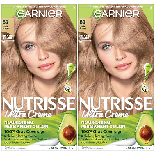 Garnier Nutrisse Ultra Crème Hair Color, Permanent Hair Dye with 100% Gray Coverage, Vegan & Cruelty-Free, 82 Pearly Blonde (Biscotti), 2 Count