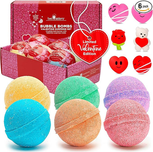 Valentines Bath Bombs for Kids with Surprise Heart Toys Inside (6 Pack) - Valentines Day Gifts for Kids & Women, Bubble Bath, USA Made, Kids-Safe Ingredients, Fruity Scents by Two Sisters