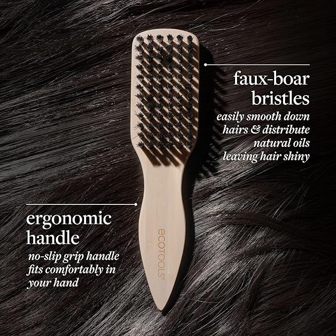 EcoTools Mini Slick Back Hairbrush, Travel Brush, Perfect Ponytail Or Bun, Tease, Smooth & Style Hair, Tame Frizz & Flyaways, Renewable Bamboo Handle & Vegan Boar Bristles, Cruelty-Free, 1 Count