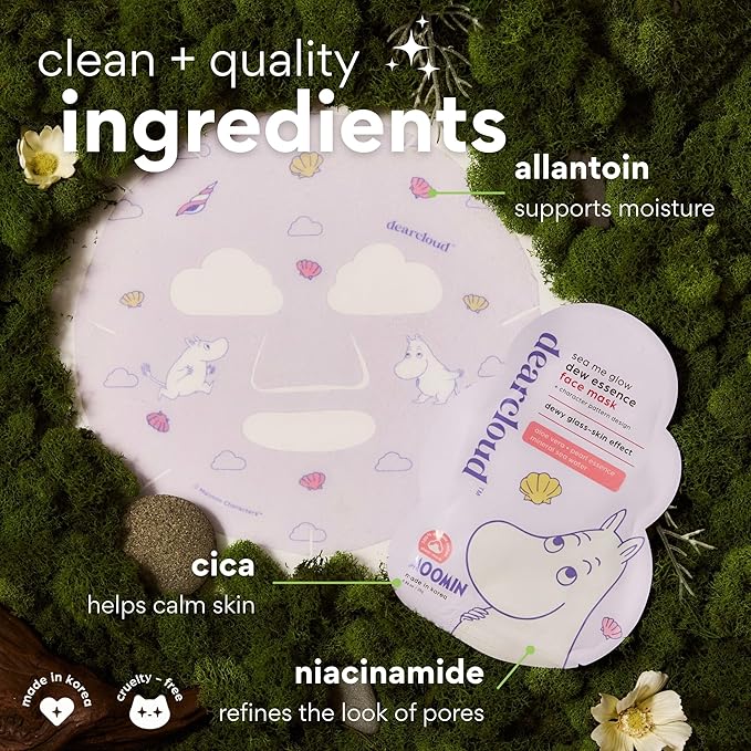 dearcloud Moomin' Sea Me Glow Dew Essence Face Mask, Korean Sheet Mask - Allantoin, Niacinamide & Cica (3 Count)