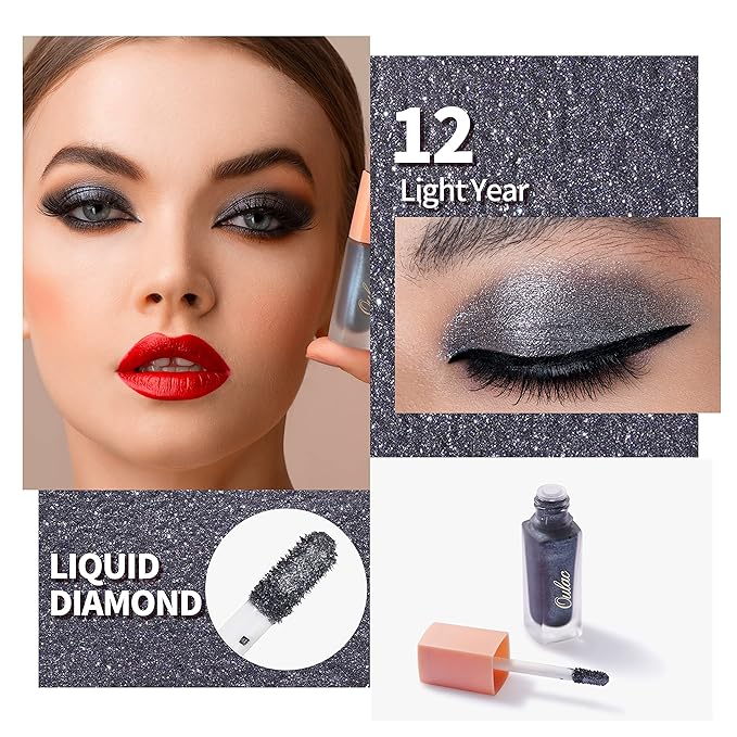 Oulac Liquid Glitter Eyeshadow Liquid Black Eyeshadow Black Shimmer Liquid Eyeliner Non-sticky One-Swipe Coverage with Quick-Drying Crease-resistant Formula.Vegan & Cruelty-Free.(12)