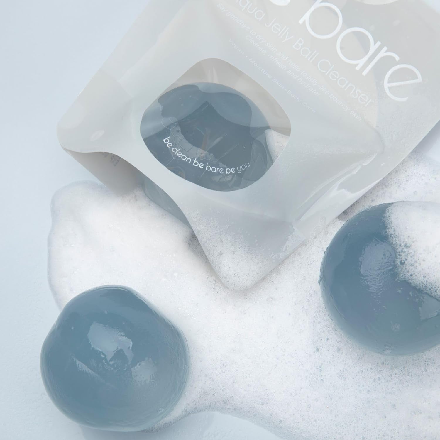 Be Bare Jelly Ball Cleanser, Daily Face Wash Korean Skin Care Cleanser Ball for Dry Skin with Squalane & Hyaluronic Acid for Skin Hydration and Moisturizing - Fresh Aqua (1.41Oz)