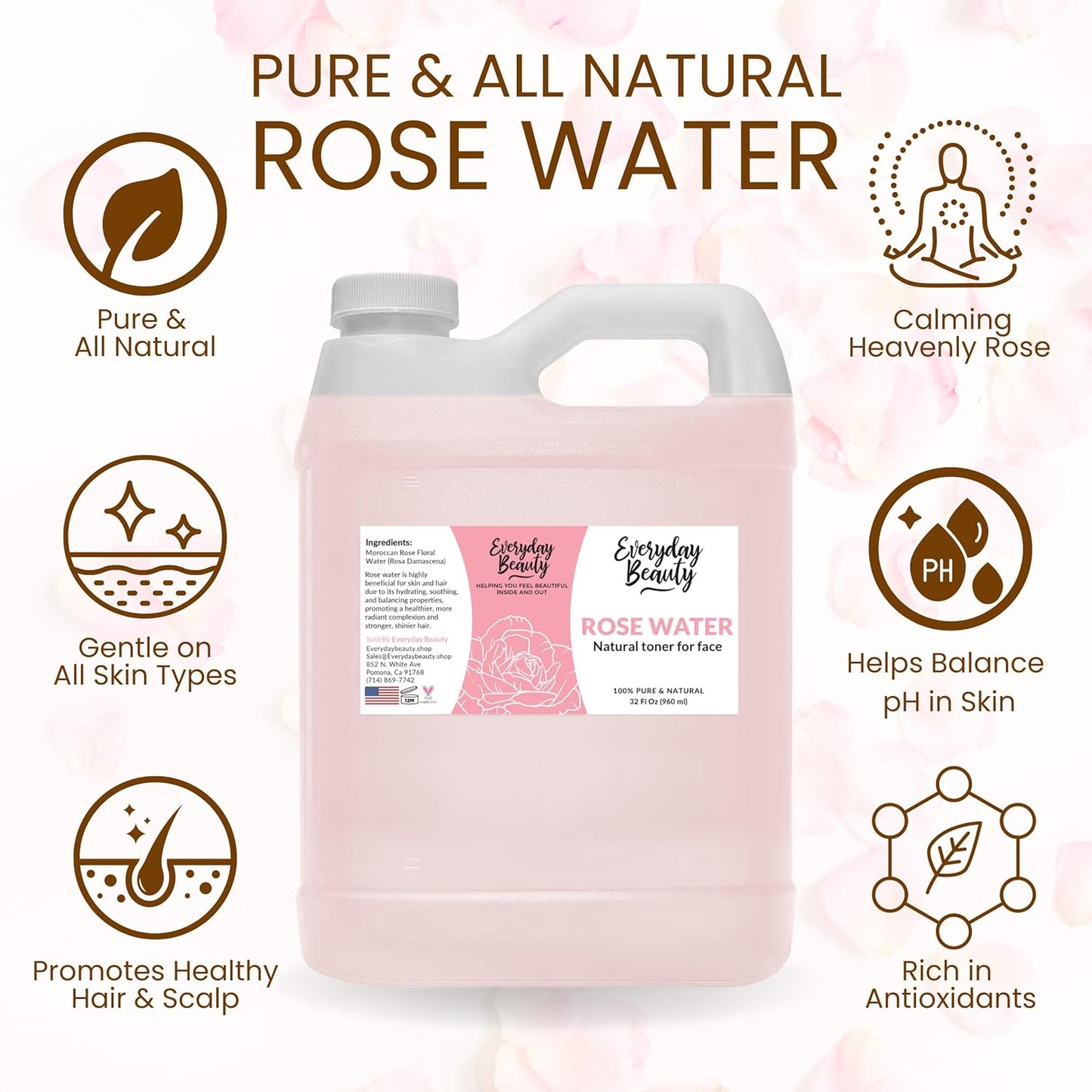 Rose Water Facial Toner - 32Oz Bulk Alcohol-Free Vegan All Natural Refreshing for Face and Hair - Uplifts, Calming & Soothing for All Skin Types