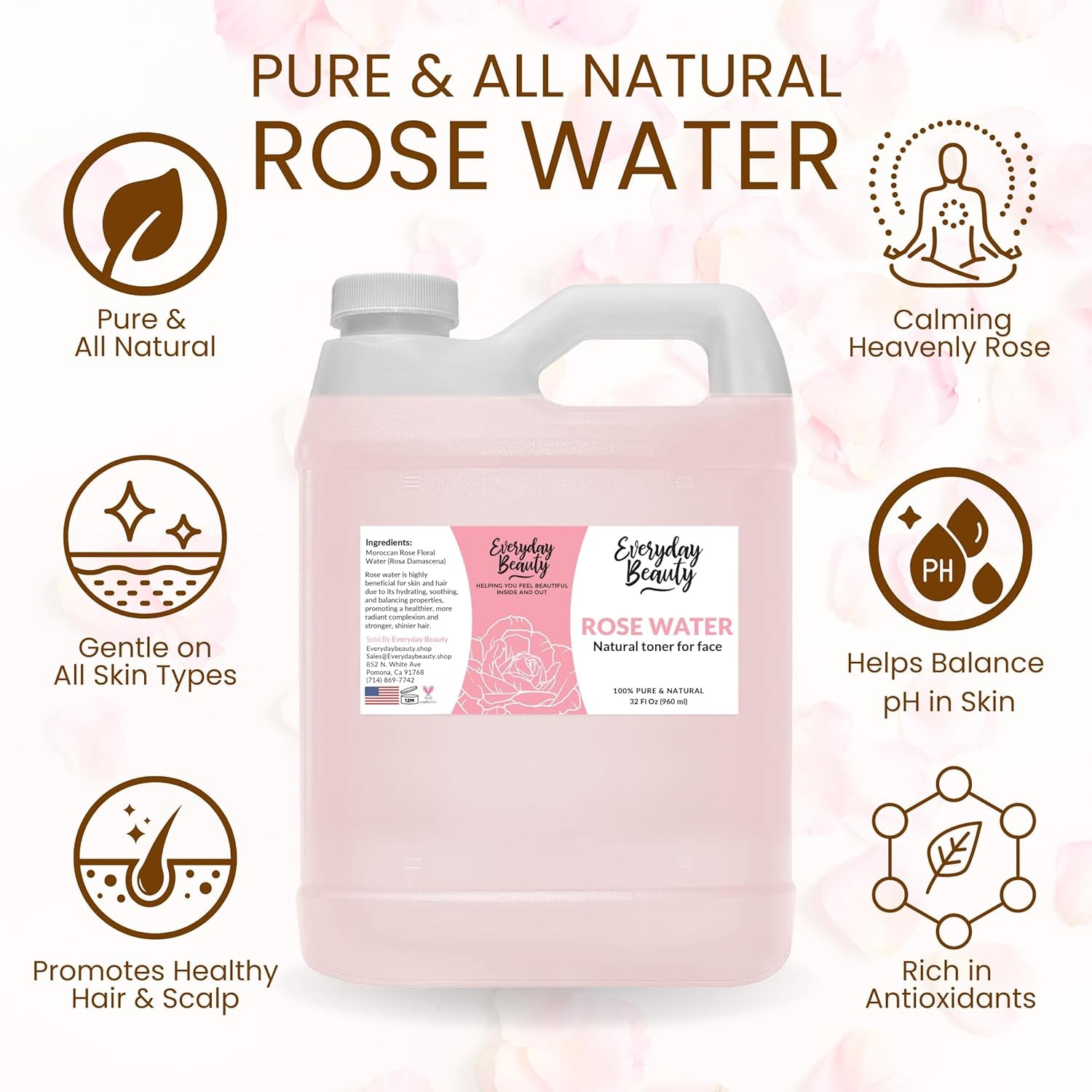 Rose Water Facial Toner - 32Oz Bulk Alcohol-Free Vegan All Natural Refreshing for Face and Hair - Uplifts, Calming & Soothing for All Skin Types