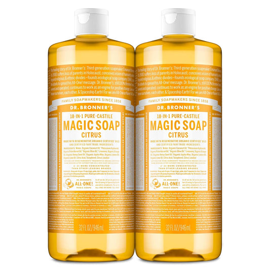 Magic Soap-Pure-Castile Liquid Soap (Citrus, 32 Ounce, 2-Pack)-Regenerative Organic Certified Oils, 18-In-1 Uses: Body, Hair, Laundry, Pets & Dishes, Concentrated, Vegan, Non-Gmo